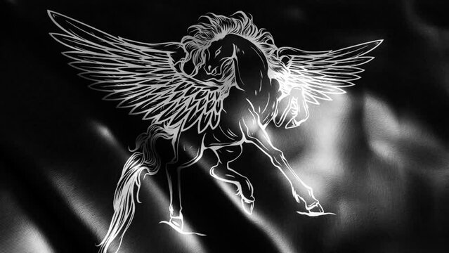 flag in loop of pegasus, mythological winged horse, silhouette in black background