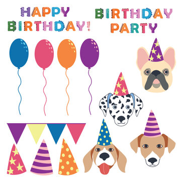 Cute cartoon dog in flat style. Happy pet. Dog Birthday party.