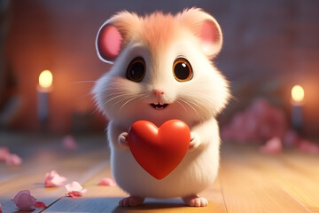 Valentine's Day concept theme 3D render of a cute hamster holding a heart,