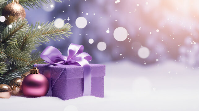 Lila Weihnachtsgeschenk und Kugeln im Schnee