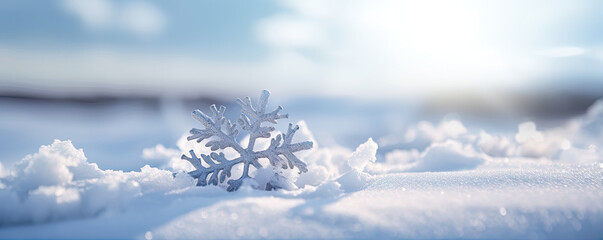 Snowflake on snow. Snowy flake in sunset light.