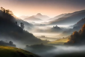 Foto op Canvas Misty morning in a serene valley, where distant hills emerge through the soft haze © AI ARTISTRY