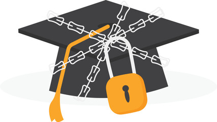 Education inequity, expensive cost to get high knowledge or academics, opportunity to study in college or university based on financial status concept. Graduation cap is chained and padlocked.

 - obrazy, fototapety, plakaty