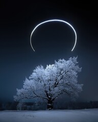 Tree and drone paint light. A flying circling drone emits halo light, snow, sky with stars. A drone...
