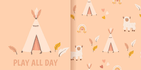 Bohemian baby pattern. Cute Boho vector print for textile, banner, clothes, wall decor in children's bedroom. Bohemian Seamless pattern with llama, alpaca and baby wigwam