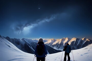 people in the mountains, stars, mountains, two people looking away in to the landscape - obrazy, fototapety, plakaty