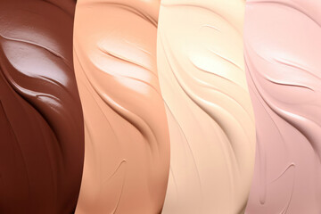 Different tones of liquid foundation as background, close up texture of makeup products. Concept of diversity in beauty care - obrazy, fototapety, plakaty