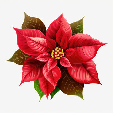 Watercolor illustration of poinsettia flower, red and green leaves on a white background
