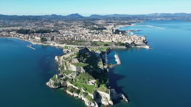 aerial view of the town of corfu with the old castle in the foreground