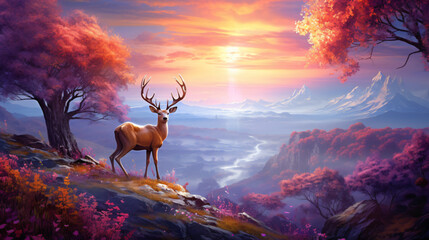 Fantastic landscape lone deer fantasy style. dream - obrazy, fototapety, plakaty