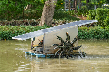Solar Cell Panel Paddle Wheel Aerator in city park pond