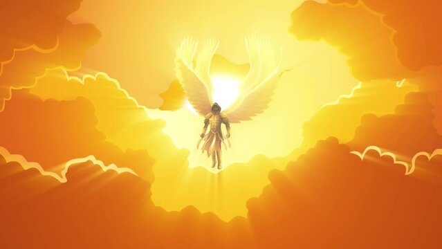 Fantasy art motion graphics of the Archangel with six wings holding a sword in the open sky