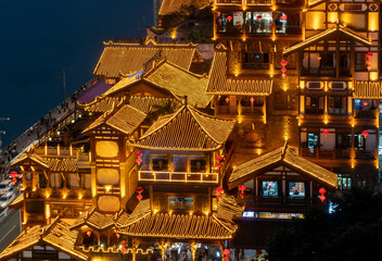 Nightscape of Hongyadong Ancient Town in Chongqing, China