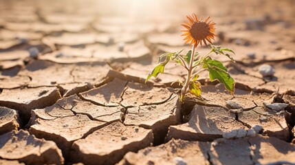 Global warming and climate changing concept. Green plant growth in cracked soil ground land - 692017306