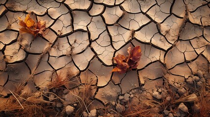 Global warming and climate changing concept. Green plant growth in cracked soil ground land - 692017517