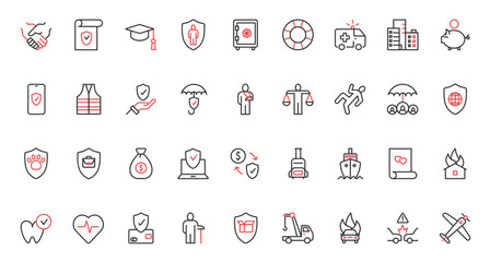 Healthcare, global financial protection shield for health, real estate and business, marriage contract and education agreement. Insurance trendy red black thin line icons set vector illustration.