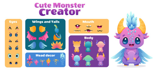 Cute Monster Dragon cartoon constructor kit, with body parts, alien eyes, mouths teeth, wings and horns for kids toys, video games and halloween designs. Vector flat colorful illustration © Foxelle