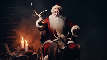Santa Claus with a beer in his hand, cheering into the camera, sitting in his sleigh with his reindeer.