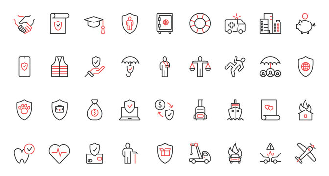Healthcare, global financial protection shield for health, real estate and business, marriage contract and education agreement. Insurance trendy red black thin line icons set vector illustration.