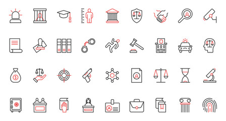 Documents for agreement and judgment, legal system badges and symbols, judge gavel and injunction, police station and prison. Law and justice trendy red black thin line icons set vector illustration.