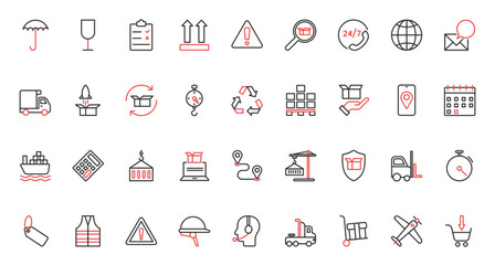 Truck, ship for fast shipment of freight parcels, crane forklift, umbrella shield. Worldwide delivery support service, logistics and transport trendy red black thin line icons set vector illustration.