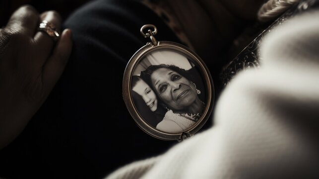 A close-up of a locket with a family picture inside, a treasured Mother's Day present, resting atop a soft, velvet cloth
