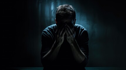 Schizophrenic man holding head in his hand, sad after receive bad news. Stressed boy confused with unhappy problem, cry and worry about unexpected work, down economy, bipolar