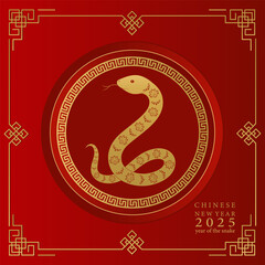 Chinese New Year 2025. Red background with golden snake. Vector illustration