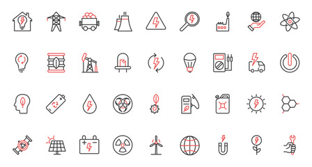 Vector illustration red black thin line icons set electric power plant energy, global green technology to save manage renewable resources nature, hydro and nuclear factory, and eco fuel.