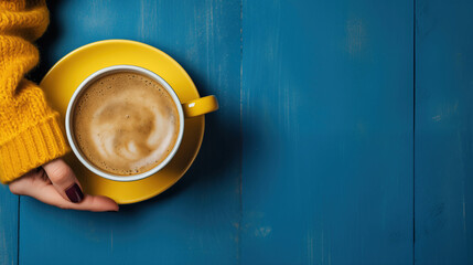 Female hands holding a cup of coffee with foam on blue background. Top view of a table in a cafe. Warm time in autumn. (top view), generative ai