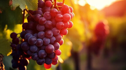 A Cluster of Ripe Red Grapes Hanging from a Vine at Sunset. Ripe red wine grapes in vineyard at sunset. A Luscious Cluster of Grapes Hanging from a Vine