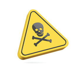 Yellow triangular sign with a skull and crossbones mark. for warning about danger, vector 3d isolated on white background for design