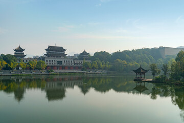 Fototapeta na wymiar Beautiful wetland parks and ancient Chinese architectural castles
