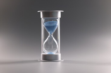 Close-up of hourglass filled with blue sand which running through tiny hole. Fragile clock show passing time, transience life. Moment concept. Copy space
