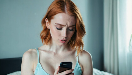 Beautiful young redhead woman is sad, depressed, and looking at her phone