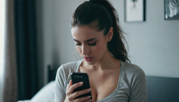 Beautiful young brunette woman is sad, depressed and looking at her phone