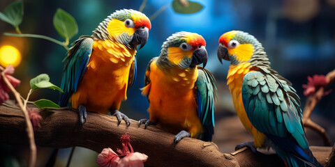 Vibrant sunlit parakeets perched together, showcasing colorful plumage amidst lush foliage in a tropical setting