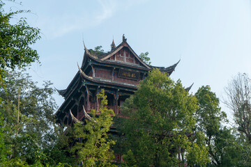Naklejka premium Chinese ancient architectural temples and pagodas.Chinese translation：Longyin Pavilion.