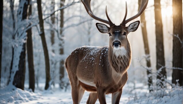 A beautiful majestic deer in close-up. Wildlife, natural habitat. A wild animal. A fabulous winter forest. Snow-covered trees, rays of light.