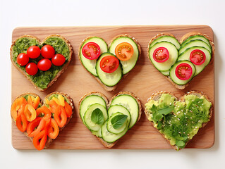 Fototapeta na wymiar Festive delicious bread toasts with various vegetables, heart-shaped, on a wooden board