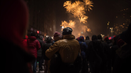Fototapeta na wymiar In a blur, families from the city can be seen rejoicing and hugging each other. They are all watching the New Year's Eve fireworks.