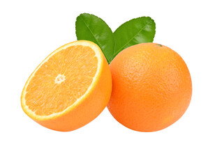 Orange fruit whole and leaves on transparent png