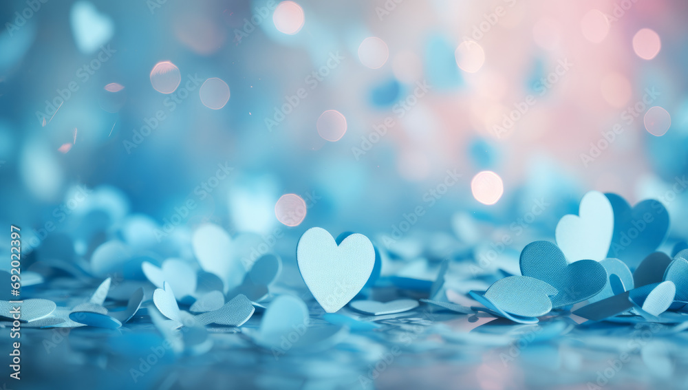 Poster Blue and pink heart shapes, Valentines day background. Be my valentine theme. valentine celebration concept greeting card hearts on string with gold defused bokeh lights in the background