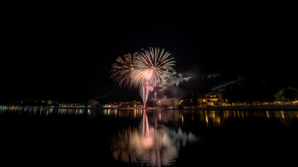 Colorful rockets in the night sky on New Year's Eve. On a lake, reflections in the water. Impressive picture, detailed, at night.  " Silvester "