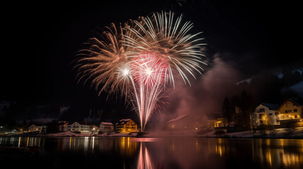 Colorful rockets in the night sky on New Year's Eve. On a lake, reflections in the water. Impressive picture, detailed, at night.  " Silvester "