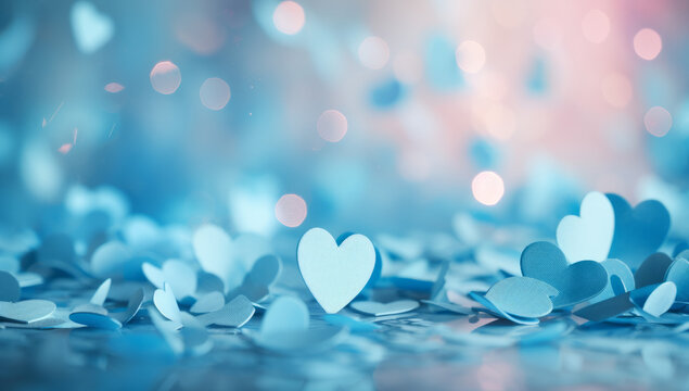 Fototapeta Blue and pink heart shapes, Valentines day background. Be my valentine theme. valentine celebration concept greeting card hearts on string with gold defused bokeh lights in the background