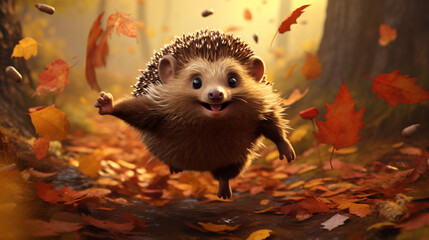 Freedom the hedgehog runs through the autumn forest - obrazy, fototapety, plakaty