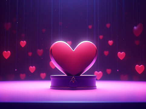 Red Heart shaped object in a heart shaped box in a purple background, Valentines day background. Be my valentine theme. Valentine celebration concept greeting card hearts