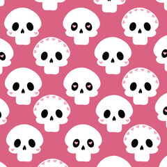 Pink  Pattern with white skulls and hearts.Love Background with cute skulls.Fabric pattern.