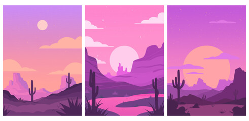 Set of desert landscapes with cacti, cloud, moon. Beautiful scenery vector graphic for travel poster in retro style. For poster, card, banner, cloth design ideas. Sunset in canyon. Hand drawn. - obrazy, fototapety, plakaty